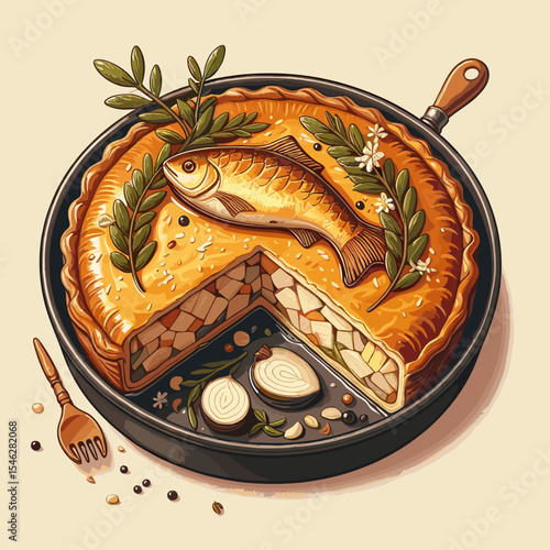Savory fish pie topped with herbs and decorative elements