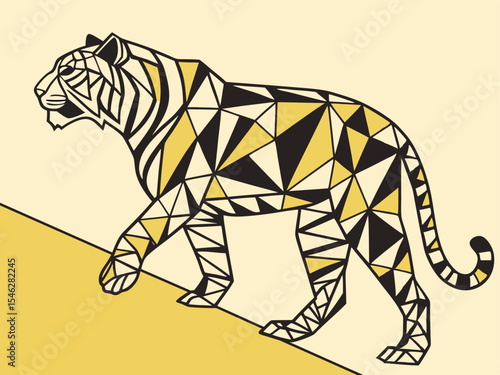 geometric tiger with yellow and black stripes, Abstract Geometric Tiger Standing Vector Illustration — Fierce and Modern Wildlife Artwork with Angular Symmetry, Vibrant Orange and Midnight Blue Color 