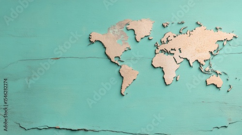 Stylish wooden world map on a turquoise background, perfect for home decor or travel enthusiasts seeking unique wall art.
