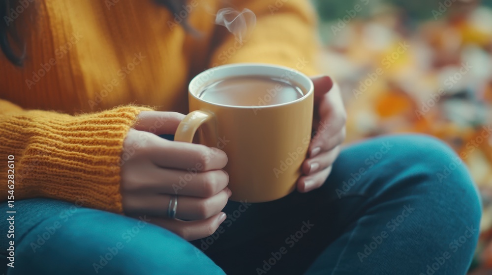 Cozy Coffee Moment in Autumn with Warm Drink and Colorful Leaves Surrounding Cozy Coffee Moment in Autumn with Warm Drink and Colorful Leaves Surrounding