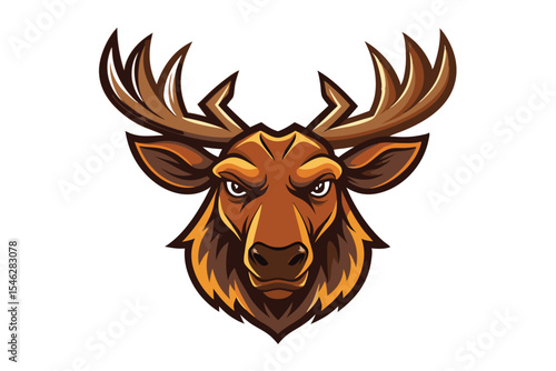 Determined moose head stares intently forward with large antlers and powerful facial features