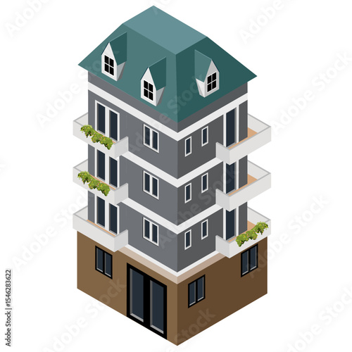 Isometric Modern Apartment Building with Balconies and Green Roof Accents