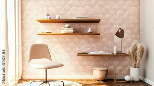 Serene minimalist home office, peach hues, natural light.