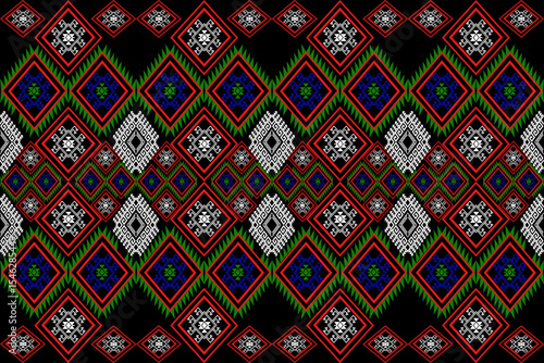 An intricate pixel art textile pattern featuring layered diamond motifs in vivid red, green, blue, and white on a black background. Inspired by traditional Southeast Asian tribal art and adapted for m