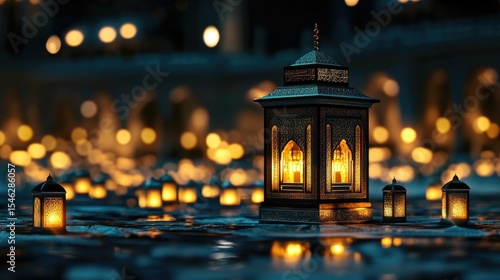 Illuminated lanterns glow warmly, reflecting on dark water.