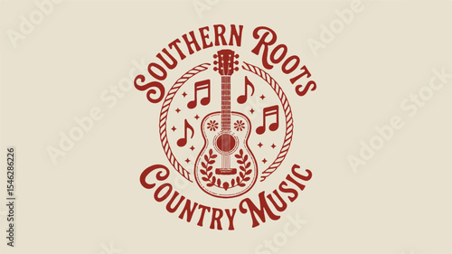 Vintage Country Music Logo Design Acoustic Guitar, Floral, and Musical Notes
