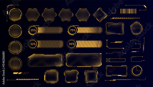 A set of bright golden HUD elements: indicators, frames, loading bars and text panels. Stylish interface kit for futuristic UI designs and game projects.