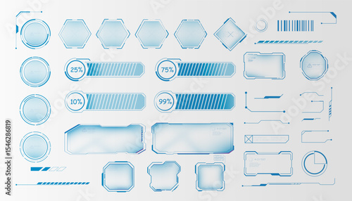 A set of futuristic HUD interface elements with circular indicators, loading bars and techno frames. Used in games, UI design and sci-fi projects.