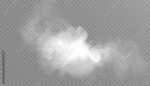 Clouds of white smoke or steam with realistic texture on transparent background. Vector smoke to simulate fog, cold breath, magic effect or explosion.
