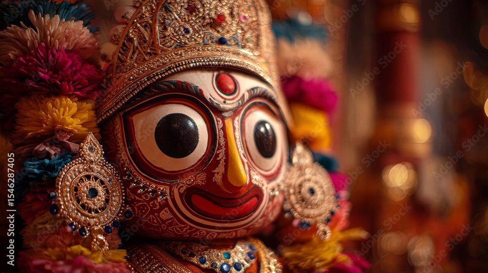 Naklejka premium Lord Jagannath Statue Close Up - Spiritual Sculpture Detail
