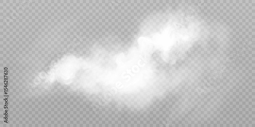Clouds of white smoke or steam with realistic texture on transparent background. Vector smoke to simulate fog, cold breath, magic effect or explosion.
