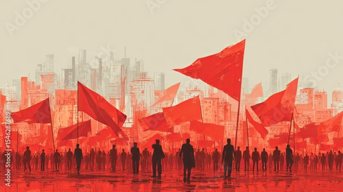 Peaceful Demonstration in City with Red Flags - International Workers Day
