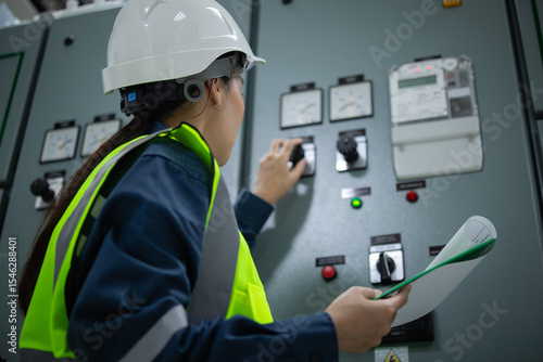 Foto Electrical substation room engineer inspect control panel with safety helmet and