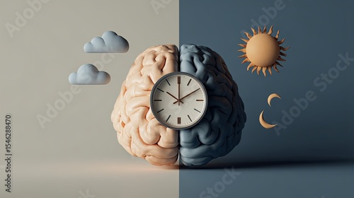 Brain with Clock Illustration for Time Concept
