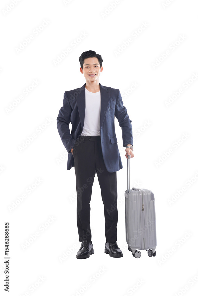 Asian businessman walking with suitcase, professional expression, business travel concept Asian businessman walking with suitcase, professional expression, business travel concept