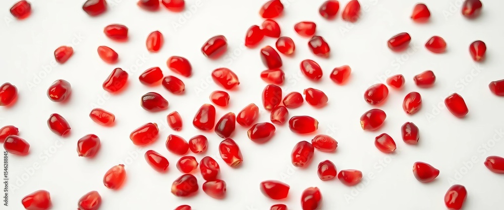 Juicy pomegranate seeds scattered artfully on pristine white background, cuisine, arils Juicy pomegranate seeds scattered artfully on pristine white background, cuisine, arils