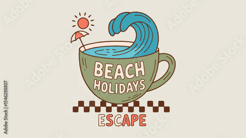 Whimsical Beach Holiday Coffee Cup Illustration