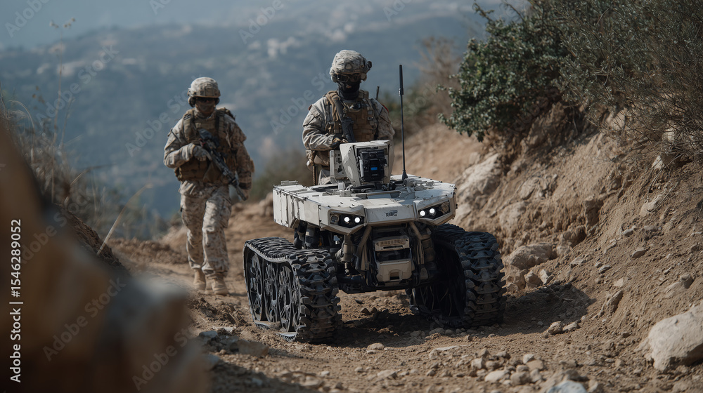 Fototapeta premium Autonomous ground robot carrying ammo and gear beside marching soldiers