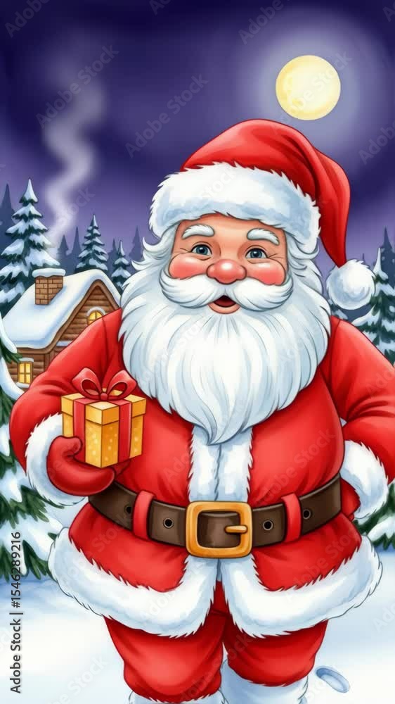 Santa Claus dressed in bright red suit is happily walking through winter wonderland, holding colorful gift, with charming cabin and evergreen trees illuminated by moonlight in background Santa Claus dressed in bright red suit is happily walking through winter wonderland, holding colorful gift, with charming cabin and evergreen trees illuminated by moonlight in background
