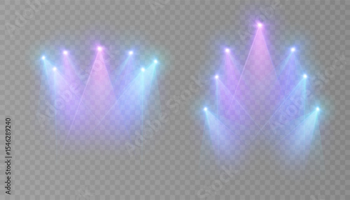 Stage spotlights with bright blue and purple beams on a transparent background. Suitable for shows, concerts, presentations and interfaces.