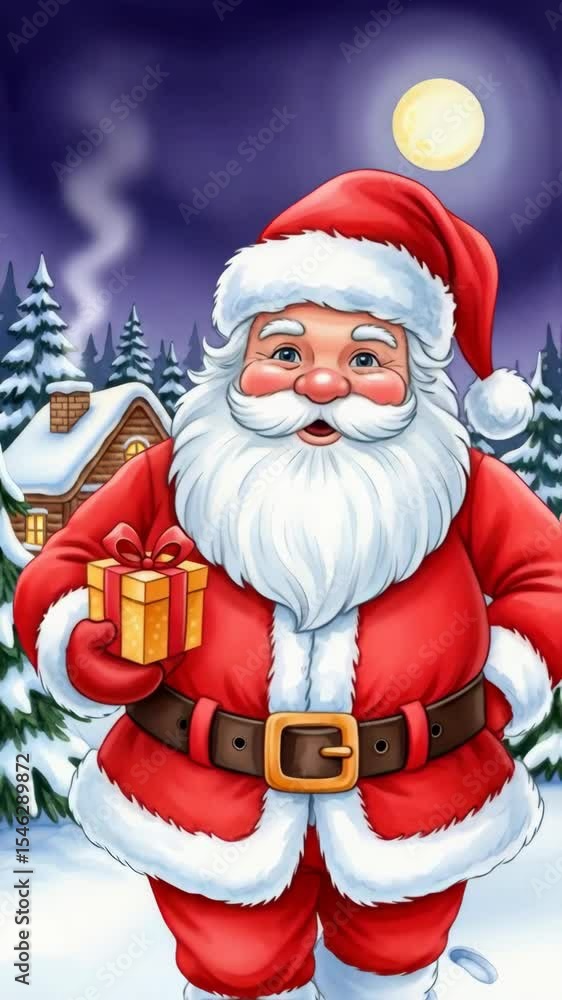 Santa Claus dressed in bright red suit is happily walking through winter wonderland, holding colorful gift, with charming cabin and evergreen trees illuminated by moonlight in background Santa Claus dressed in bright red suit is happily walking through winter wonderland, holding colorful gift, with charming cabin and evergreen trees illuminated by moonlight in background