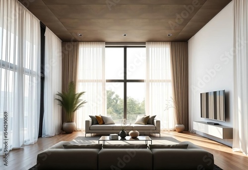 Modern minimalist living room, floor-to-ceiling sheer curtains frame large window, natural light floods space,  comfy,  natural light