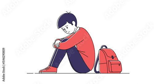 Sad Lonely Teenager Sitting On The Floor Next To His Backpack In School