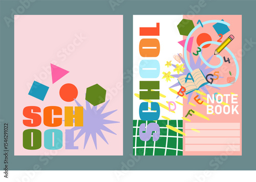 School Notebook Cover Design with Geometric Shapes and Letters. Colorful School Supplies and Geometry Shapes Notebook Cover. Elementary School Vector Cover. Vector