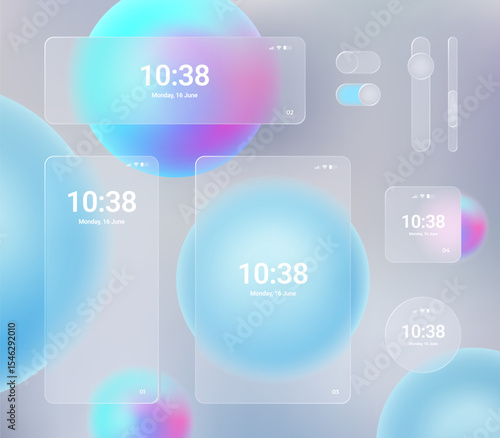 Glassmorphism UI. User interface elements for mobile app. Glass texture icons set. Vector. Simple modern design. For web, social media, business. Eps10 illustration. Abstract background. Blue color.