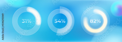 Glassmorphism style circular progress indicator. Transparent glass UI element showing percentage. Animation. UI, User interface. Minimalistic 3d template. Realistic modern design. Vector illustration.