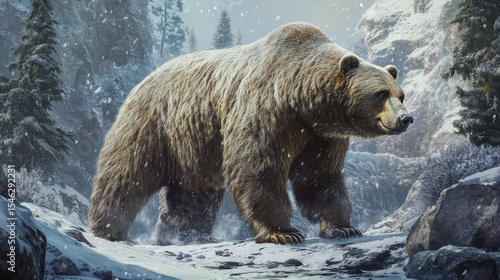 A full-body view of a massive Ice Age cave bear (Ursus spelaeus), standing in a cold Pleistocene landscape, 