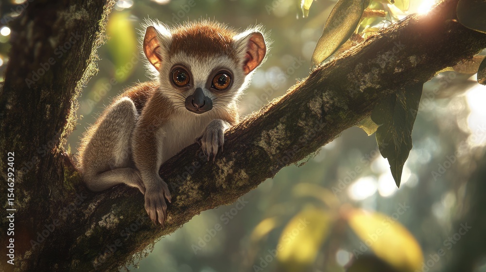 Fototapeta premium A full-body portrait of a small lemur from the Cheirogaleidae family, such as a mouse lemur or dwarf lemur, perched on a tree branch