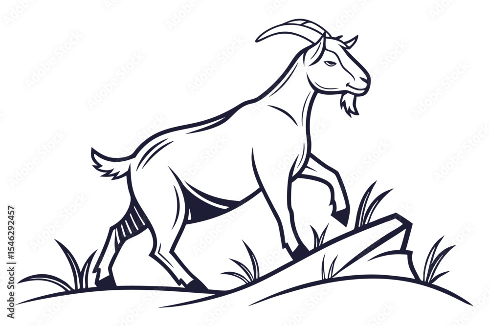 Fototapeta premium Outlined goat with curved horns confidently steps onto rocks with wild grass