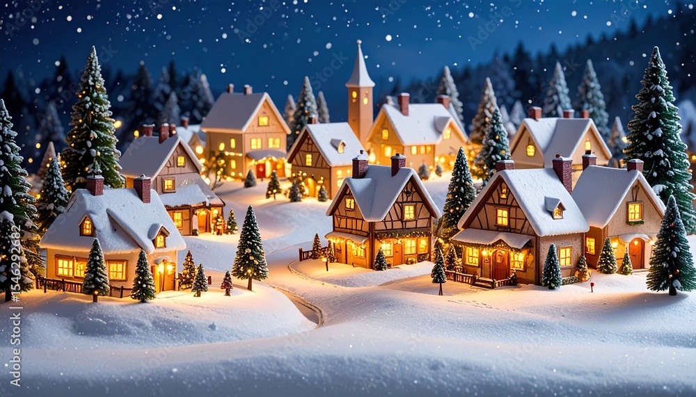Snowy Christmas Village Night Scene with Winter Wonderland. Snowy Christmas Village Night Scene with Winter Wonderland.