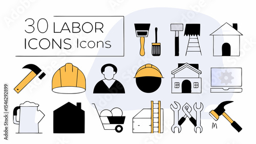 Labor line editable icon set. Contains icons related to labor, construction, labour day, renovation, and more. Vector illustration. make 30 vectors on one image