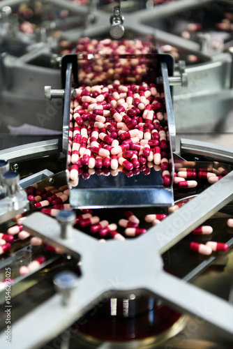 Medicine capsule pill in production line at medical factory, Industrial pharmaceutical concept.	