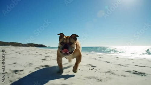 A happy brown and white bulldog running towards the camera on a bright, sunny beach. The ocean is sparkling under the clear blue sky, with soft white sand and gentle waves in the background