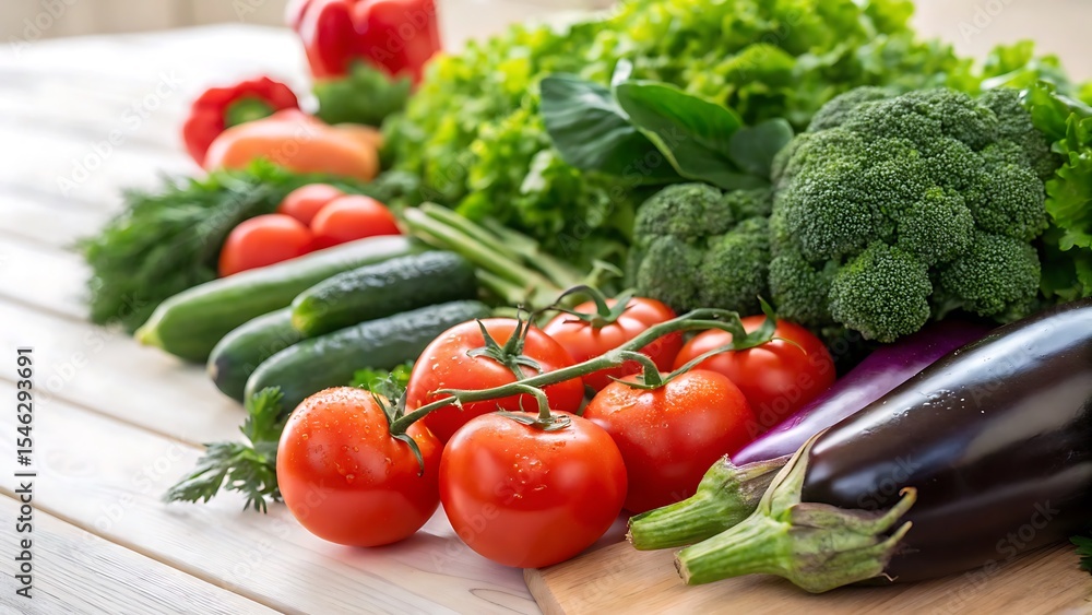 Fresh vegetables including tomatoes, broccoli, eggplant, and lettuce on wooden surface Fresh vegetables including tomatoes, broccoli, eggplant, and lettuce on wooden surface