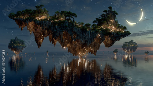 Mystical Floating Islands: A breathtaking scene of serenity as illuminated islands hover over a tranquil body of water under a twilight sky with the crescent moon.
