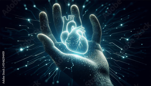 A digital hand holding a digital heart in virtual space as a symbol of gaining self-awareness and self-control from AI on a black background. Vector graphics. EPS.	