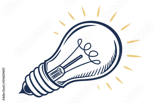 Handdrawn glowing bulb emits a bright idea shown with radiating streaks of light