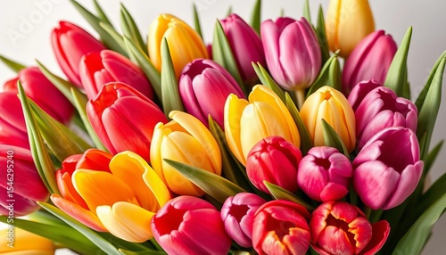 Vibrant fresh tulips bouquet with blank greeting card for message, purple, message