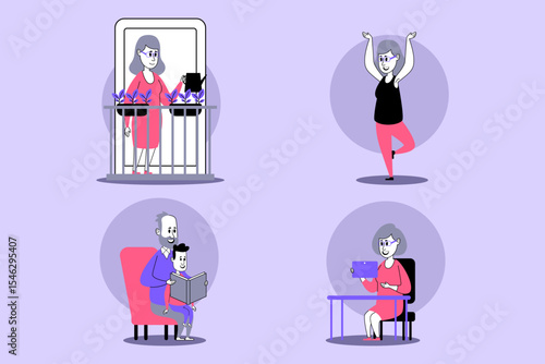 Group of elderly individuals participating in different activities. One standing by window, another exercising, while two others engaged in reading and using device