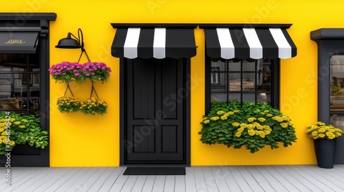 Wallpaper Mural Vibrant Yellow Building with Black and White Striped Awnings and Hanging Flower Baskets Torontodigital.ca