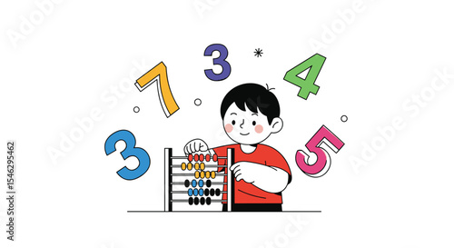 Little Boy Practicing Arithmetic with Abacus and Numbers Learning Basic Mathematical Skills