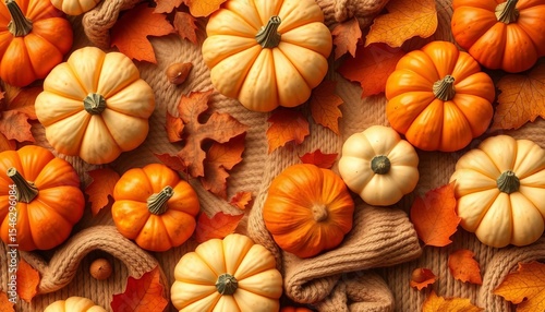 Warm autumn seamless pattern featuring cozy elements like pumpkins, leaves, and knit textures, sweater, autumn wallpaper