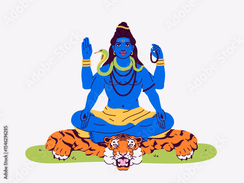 Lord Shiva sitting on tiger skin. Snake around his neck. Indian God of Hindu. Lotus pose meditation. Vector illustration. Maha Shivratri. Traditional festival of India. The Great Night of Lord Shiva.