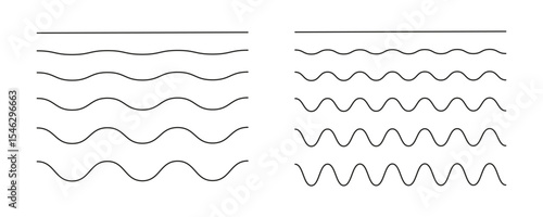 Wavy, curvy, zigzag lines. Undulate borders, transverse horizontal line collection. Sine, fluid, air, wind signs, template. Water, river, lake, sea, ocean symbol, icon. Outline graphic illustration.