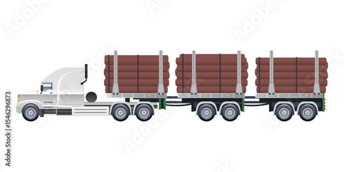 Low Loader Semi Trailer Logging Truck Loaded with Freshly Cut Logs vector illustration