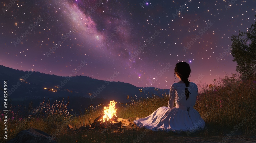 A girl in a white dress sits by a campfire on a hill, looking at the stars above. A girl in a white dress sits by a campfire on a hill, looking at the stars above.